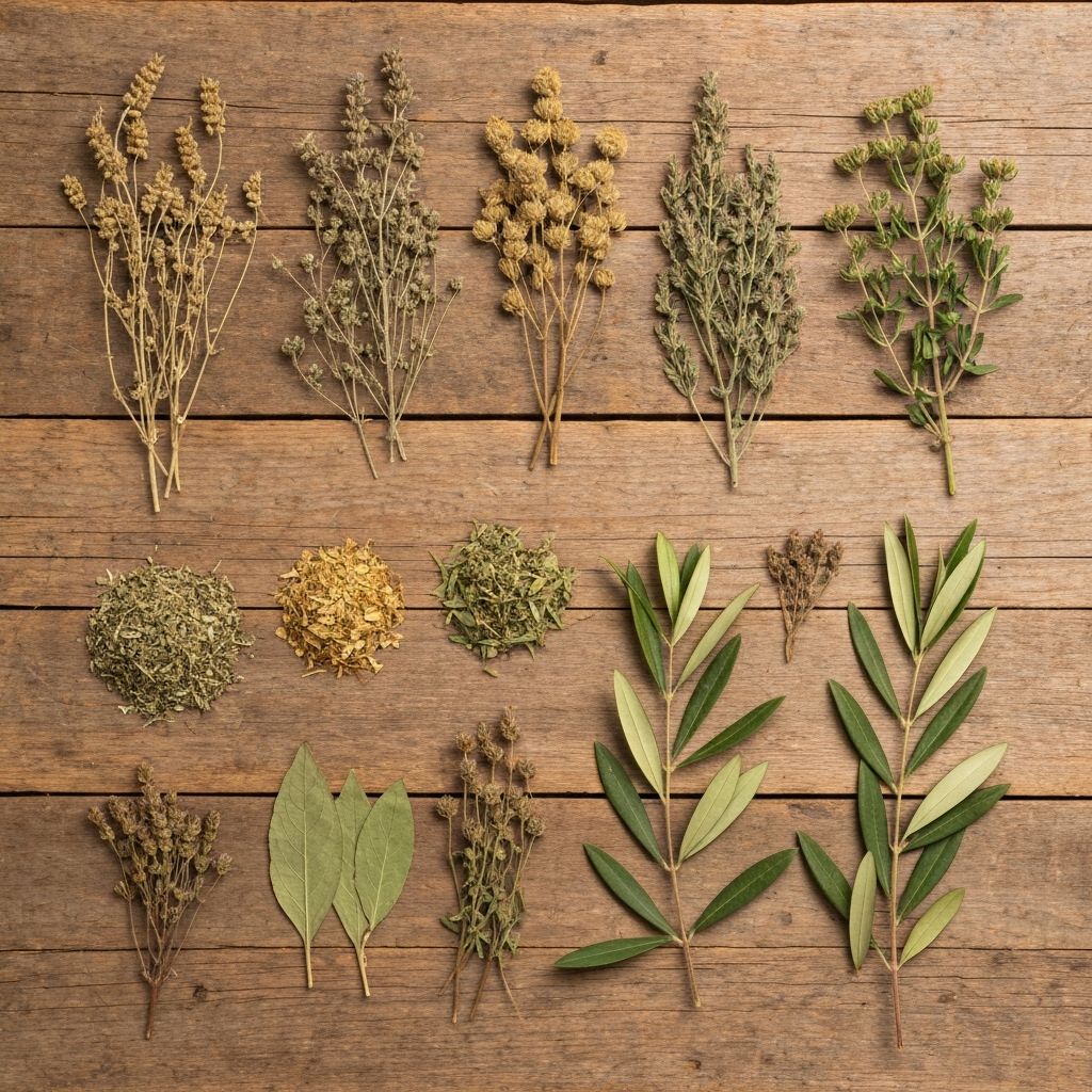 Collection of dried herbs and plant materials on a wooden surface