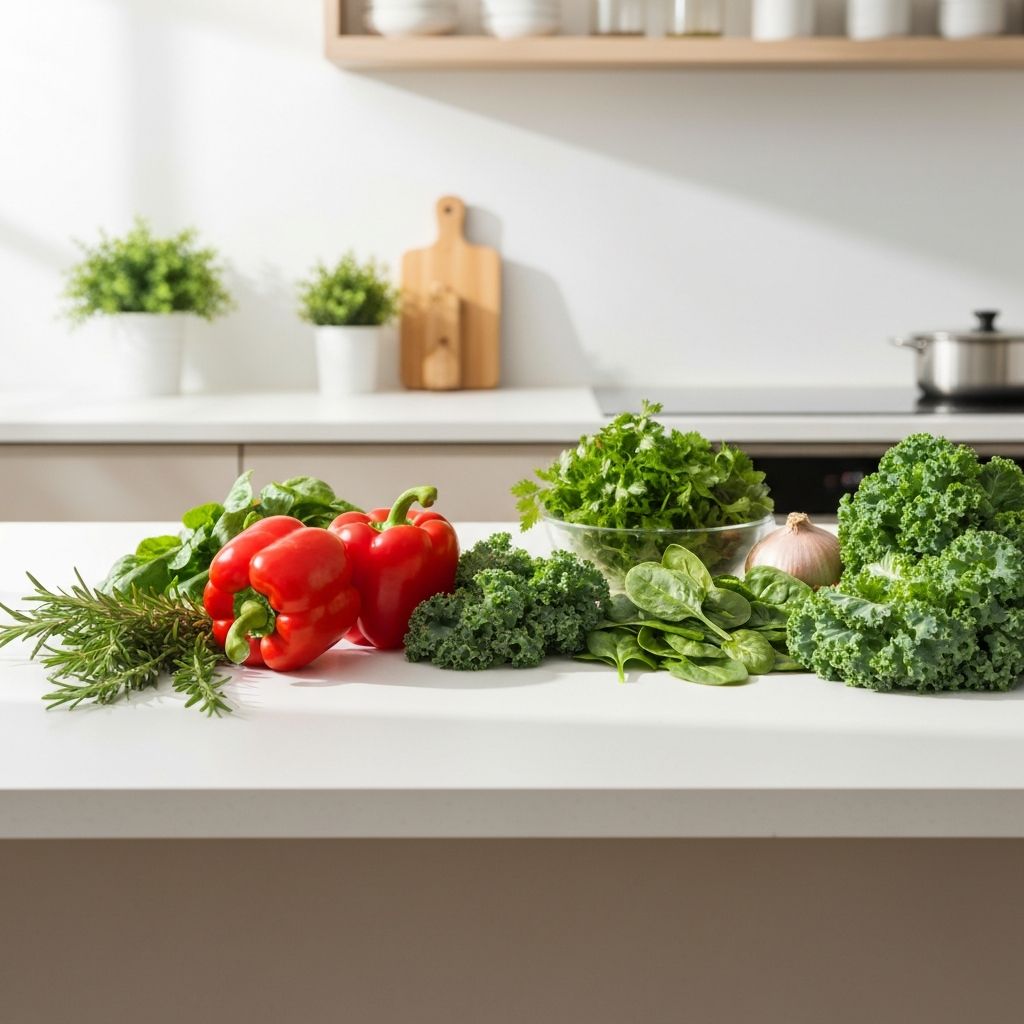 Fresh vegetables and herbs in a kitchen setting